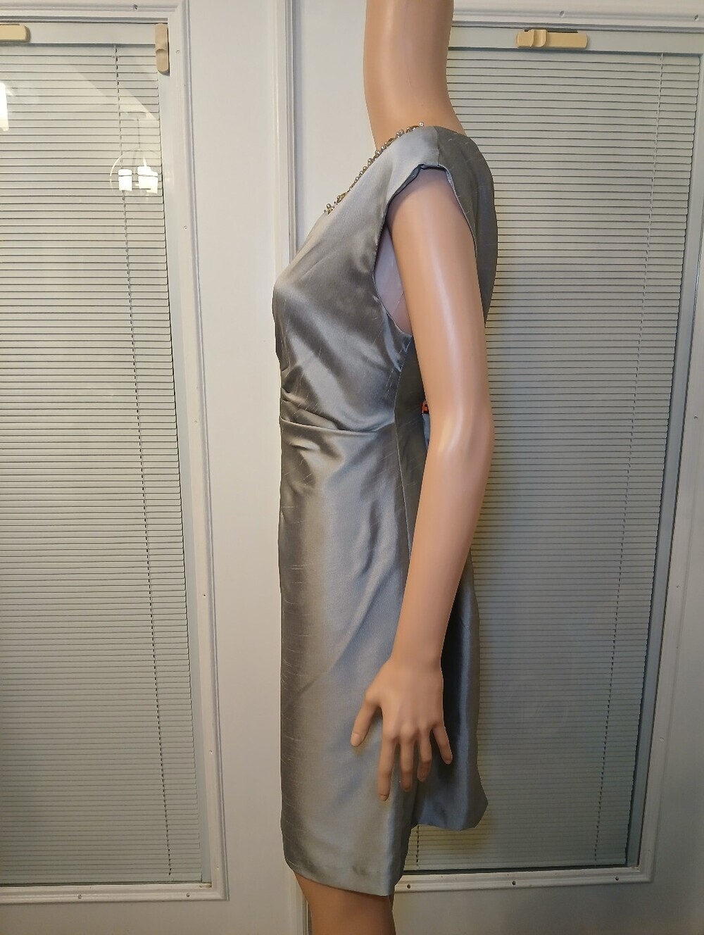 Jessica Howard Silver Ruched Sheath Dress with Beaded Neckline - Picture 2 of 6